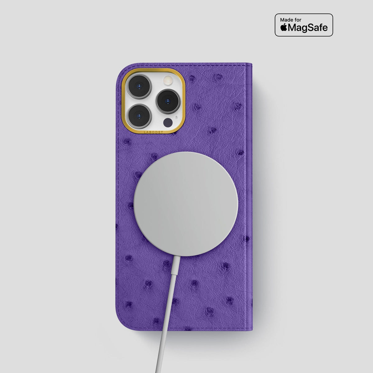Purple iPhone 15 Pro Folio Case Ostrich with Gold Metal -3 | Purple-Gold