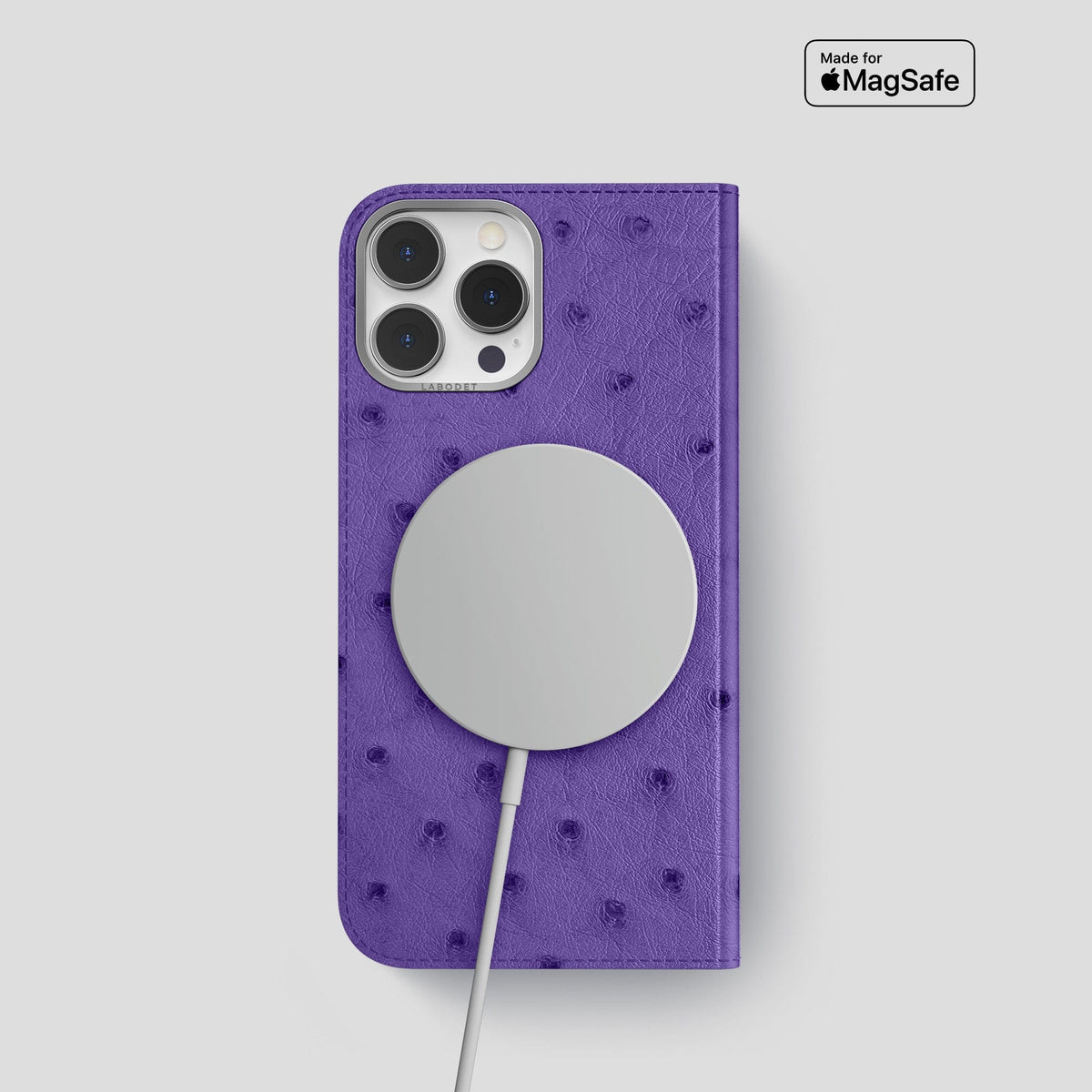 Purple iPhone 15 Pro Folio Case Ostrich with Steel Metal -3 | Purple-Steel