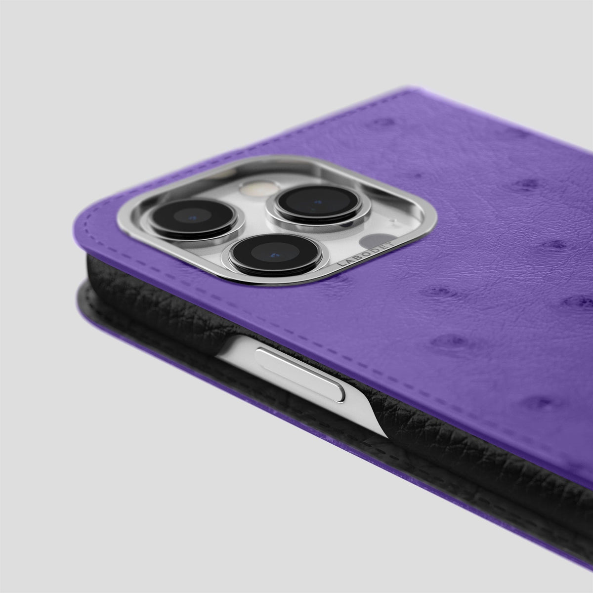 Purple iPhone 15 Pro Folio Case Ostrich with Steel Metal -5 | Purple-Steel