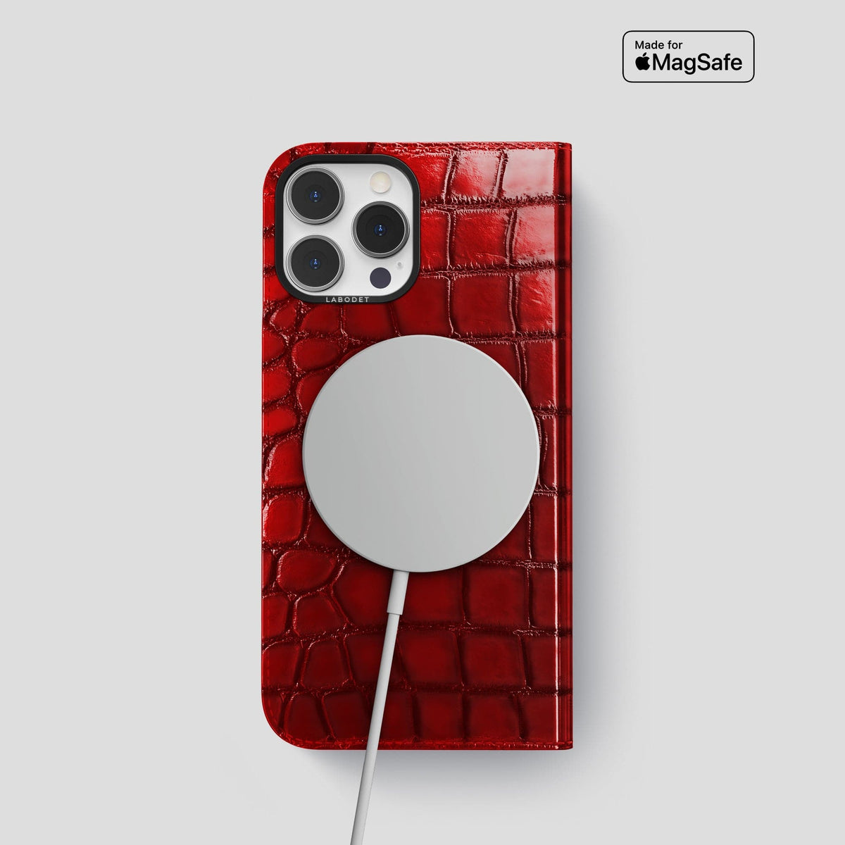 Burgundy iPhone 14 Folio Magsafe Case Patina Alligator with Black Metal -3 | Burgundy-Black