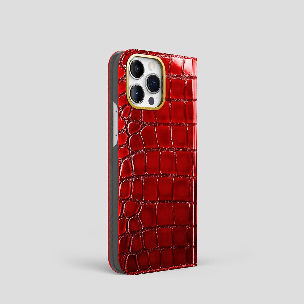 Burgundy iPhone 14 Folio Magsafe Case Patina Alligator with Gold Metal -1 | Burgundy-Gold