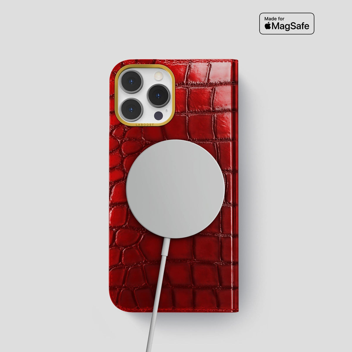 Burgundy iPhone 14 Folio Magsafe Case Patina Alligator with Gold Metal -3 | Burgundy-Gold