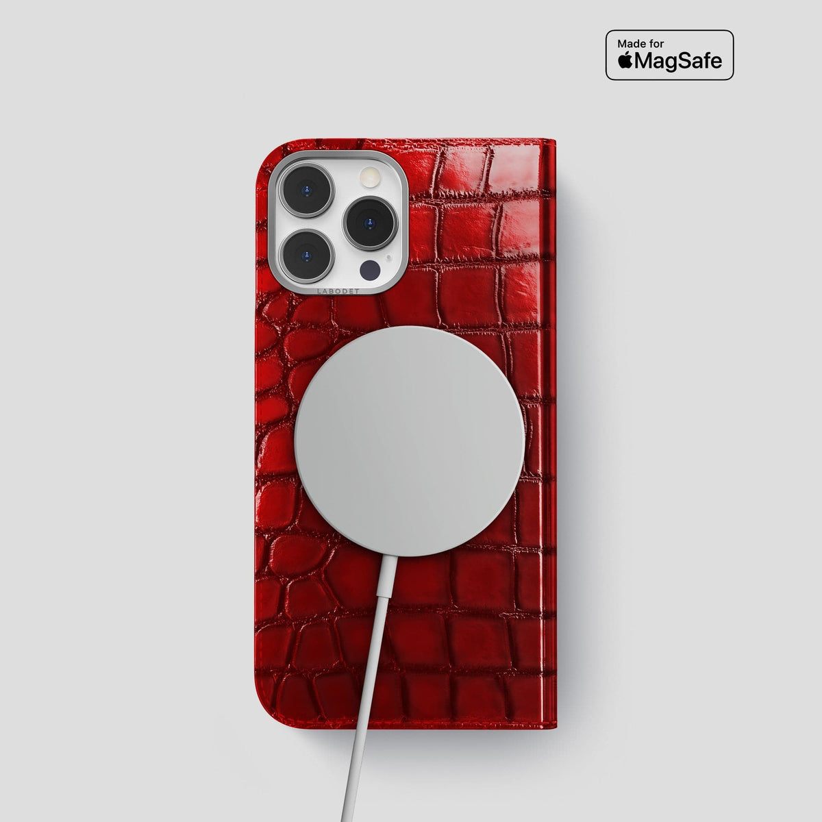 Burgundy iPhone 15 Pro Folio Magsafe Case Patina Alligator with Steel Metal -3 | Burgundy-Steel