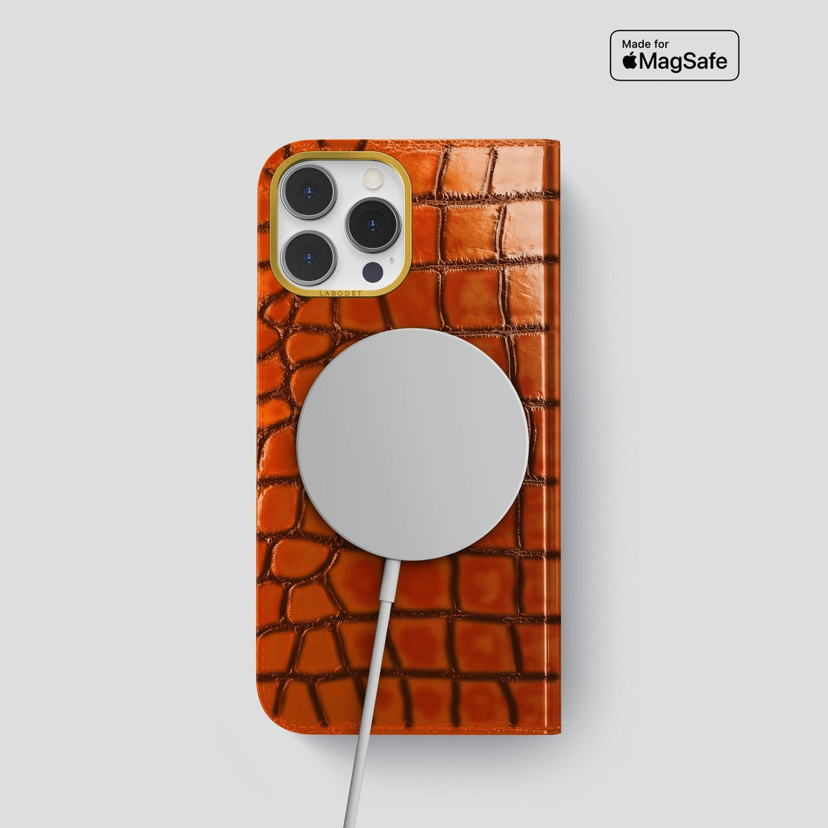 Clay-Court iPhone 15 Pro Folio Magsafe Case Patina Alligator with Gold Metal -3 | Clay-Court-Gold