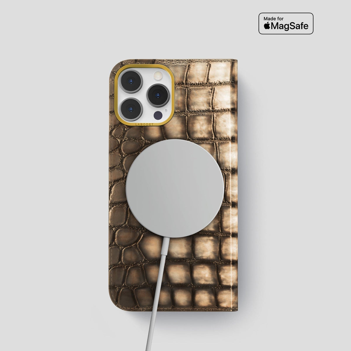 Etoupe iPhone 14 Folio Magsafe Case Patina Alligator with Gold Metal -3 | Etoupe-Gold
