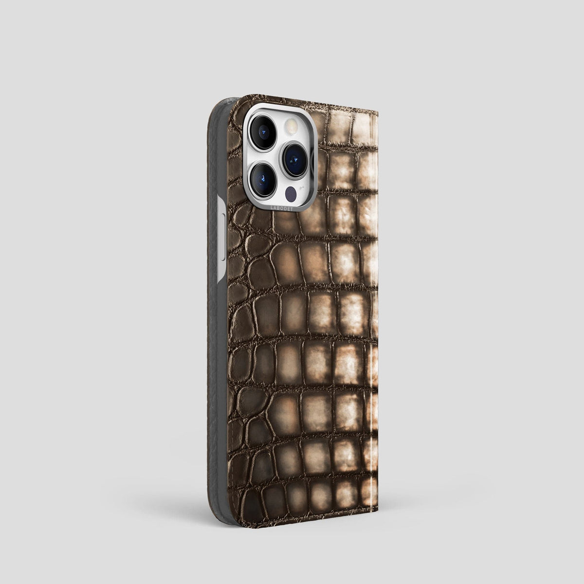 Etoupe iPhone 14 Folio Magsafe Case Patina Alligator with Steel Metal -1 | Etoupe-Steel