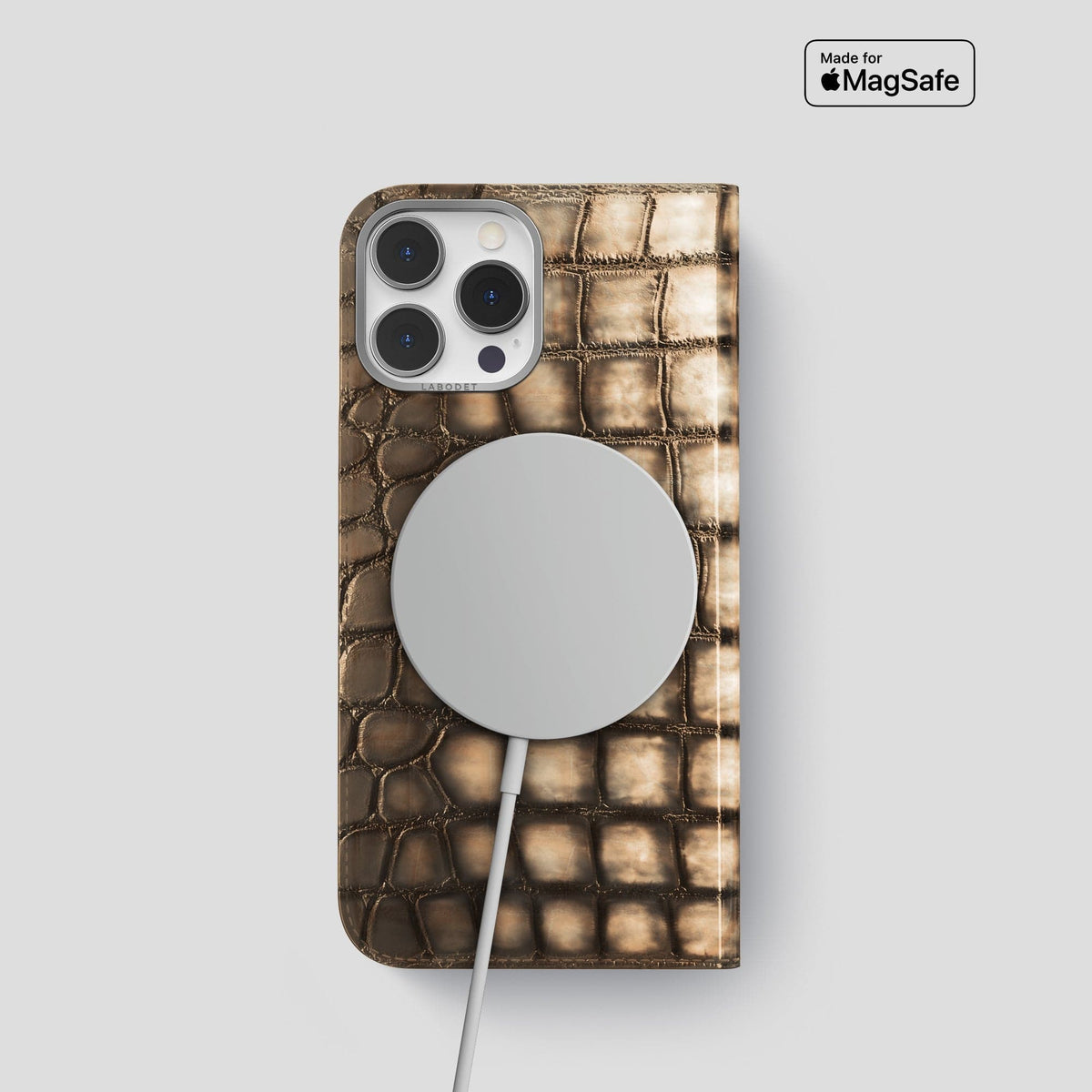 Etoupe iPhone 14 Folio Magsafe Case Patina Alligator with Steel Metal -3 | Etoupe-Steel