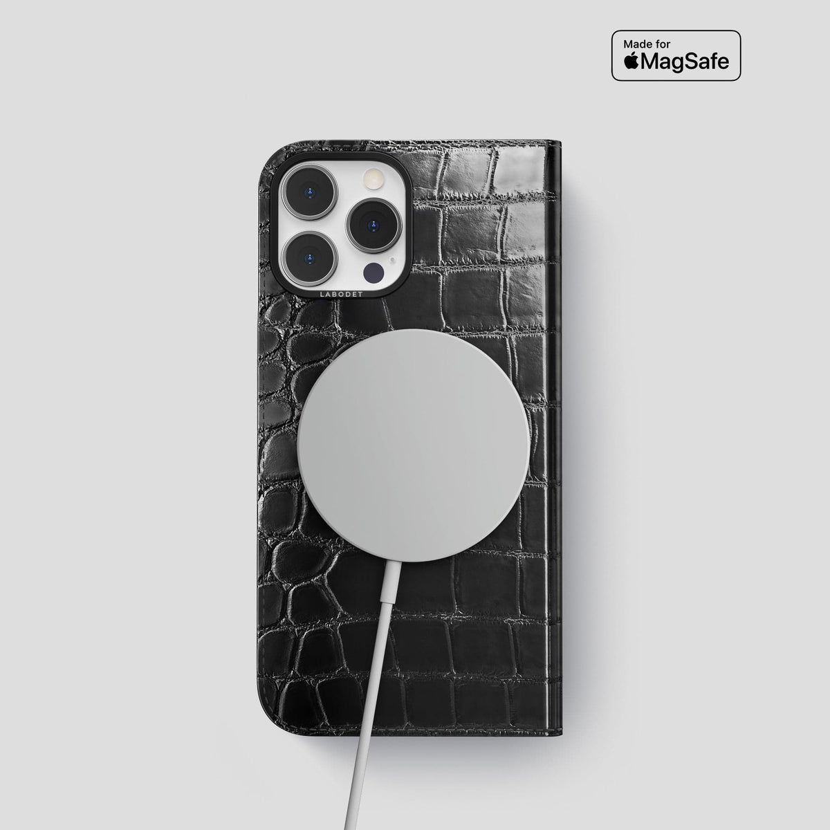 Havana-Black iPhone 14 Folio Magsafe Case Patina Alligator with Black Metal -3 | Havana-Black-Black