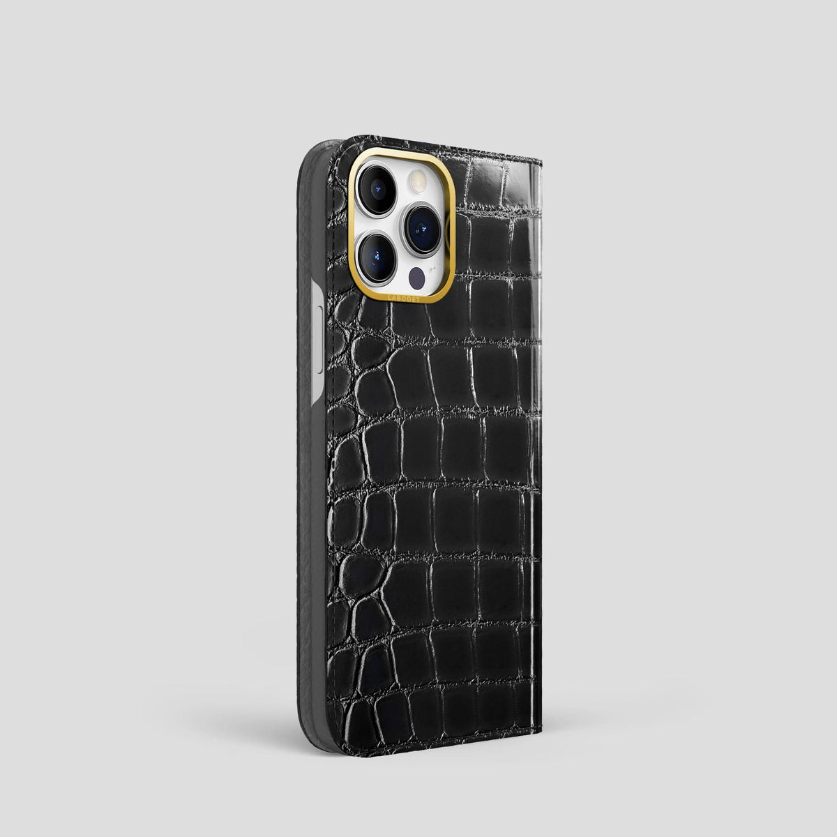 Havana-Black iPhone 14 Folio Magsafe Case Patina Alligator with Gold Metal -1 | Havana-Black-Gold