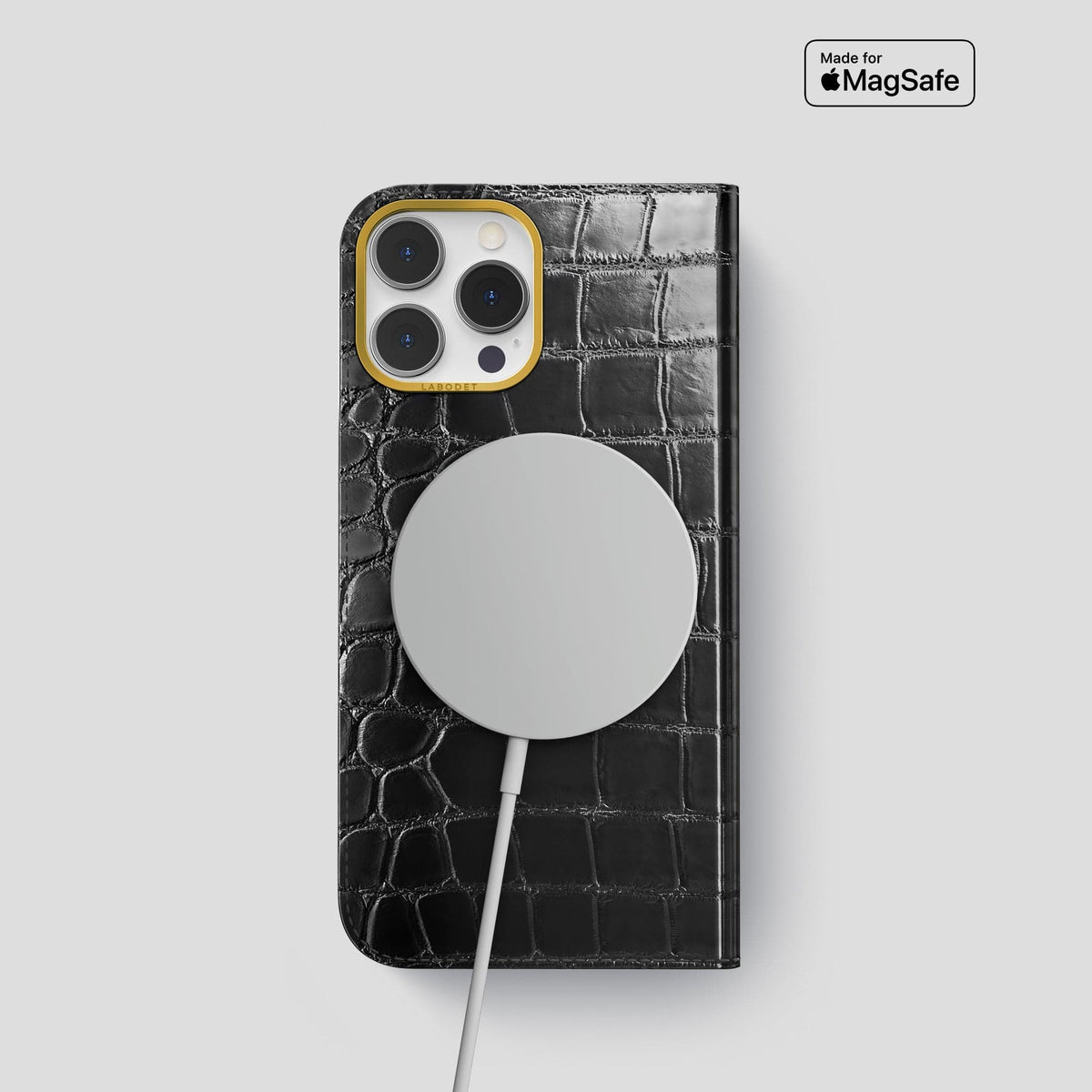 Havana-Black iPhone 14 Folio Magsafe Case Patina Alligator with Gold Metal -3 | Havana-Black-Gold