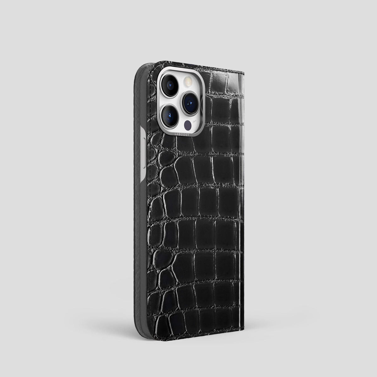 Havana-Black iPhone 14 Folio Magsafe Case Patina Alligator with Steel Metal -1 | Havana-Black-Steel