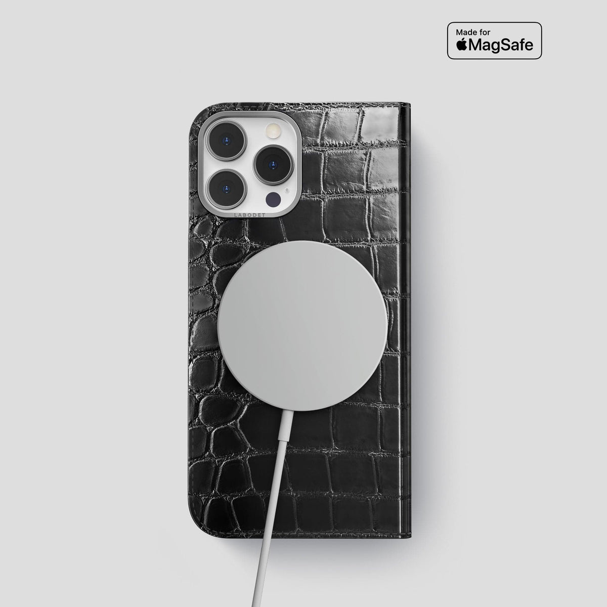 Havana-Black iPhone 14 Folio Magsafe Case Patina Alligator with Steel Metal -3 | Havana-Black-Steel