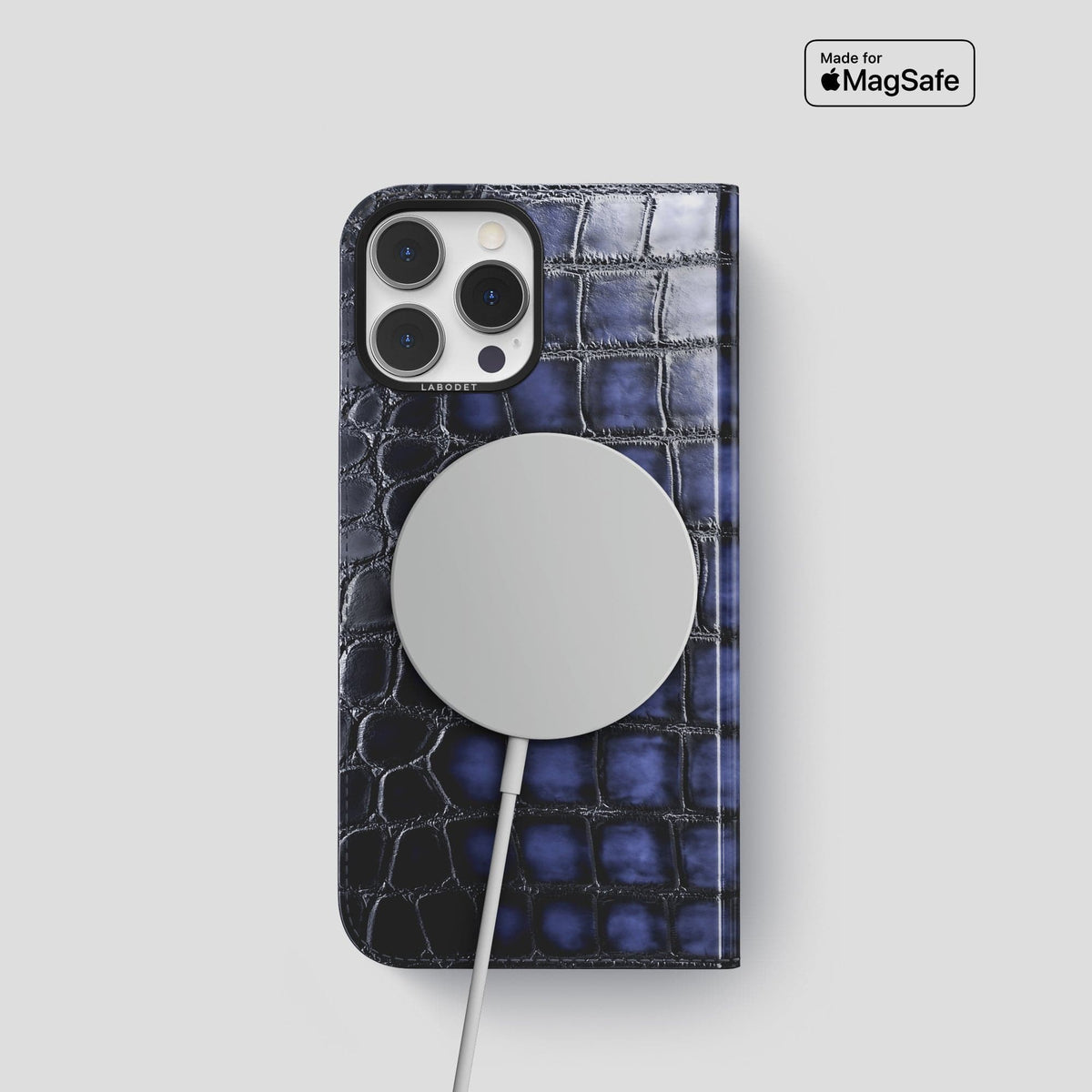 Havana-Blue iPhone 14 Folio Magsafe Case Patina Alligator with Black Metal -3 | Havana-Blue-Black