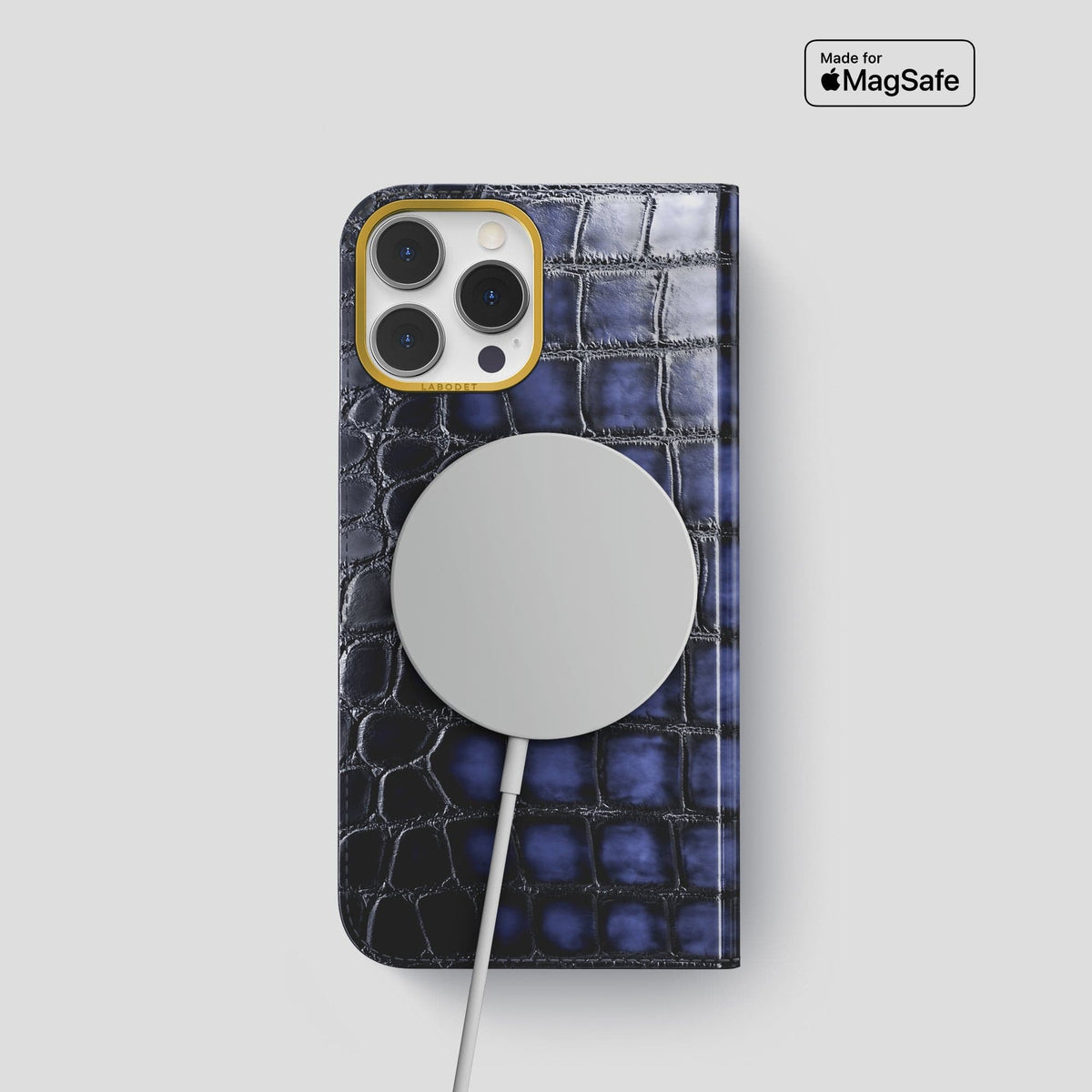 Havana-Blue iPhone 14 Folio Magsafe Case Patina Alligator with Gold Metal -3 | Havana-Blue-Gold