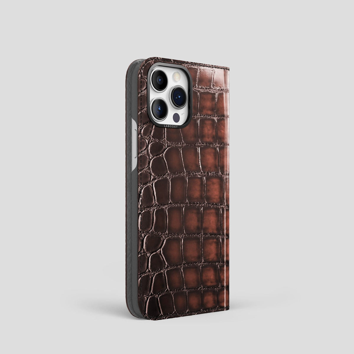 Havana-Brown iPhone 14 Folio Magsafe Case Patina Alligator with Black Metal -1 | Havana-Brown-Black