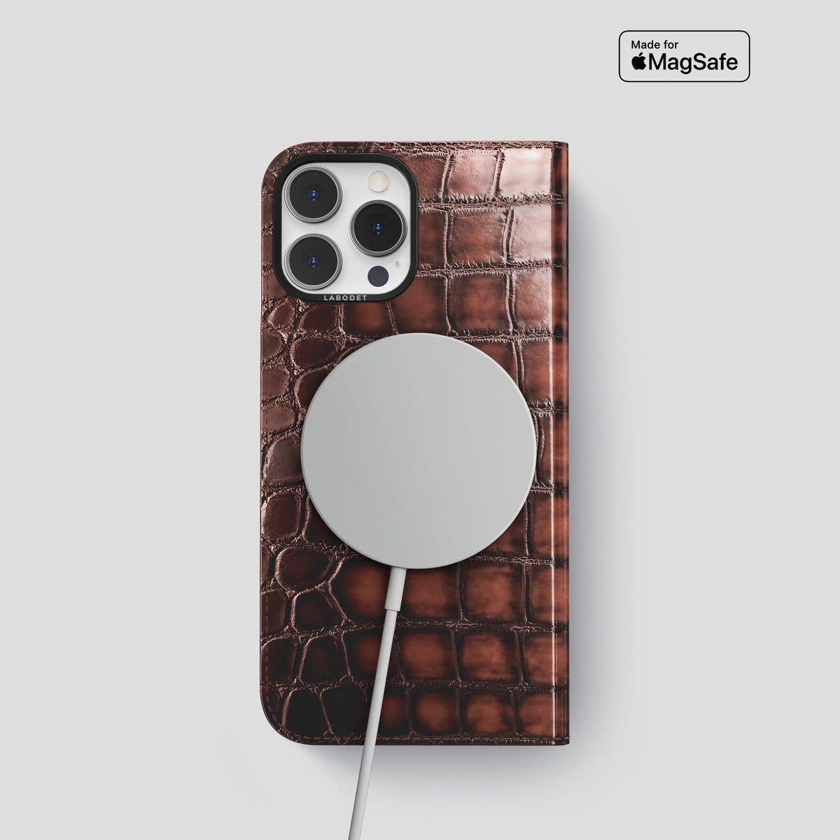 Havana-Brown iPhone 14 Folio Magsafe Case Patina Alligator with Black Metal -3 | Havana-Brown-Black