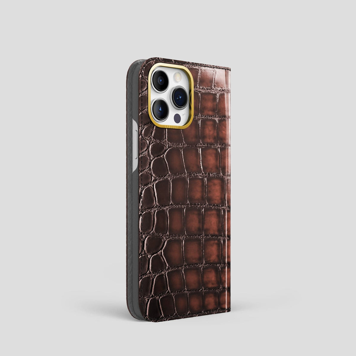 Havana-Brown iPhone 14 Folio Magsafe Case Patina Alligator with Gold Metal -1 | Havana-Brown-Gold