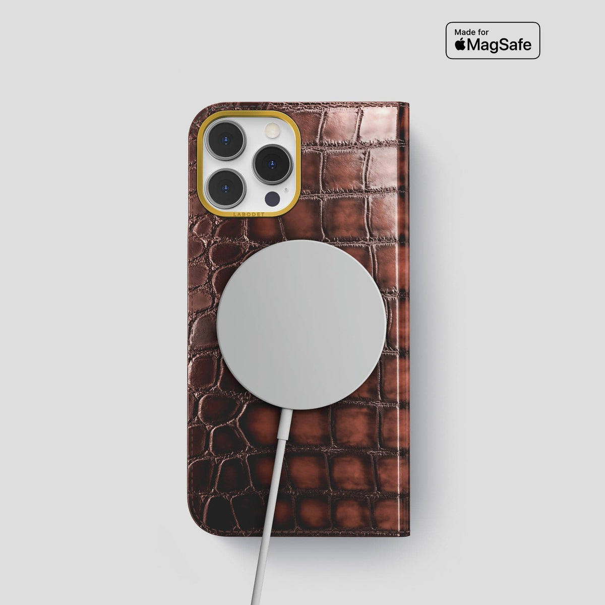 Havana-Brown iPhone 14 Folio Magsafe Case Patina Alligator with Gold Metal -3 | Havana-Brown-Gold