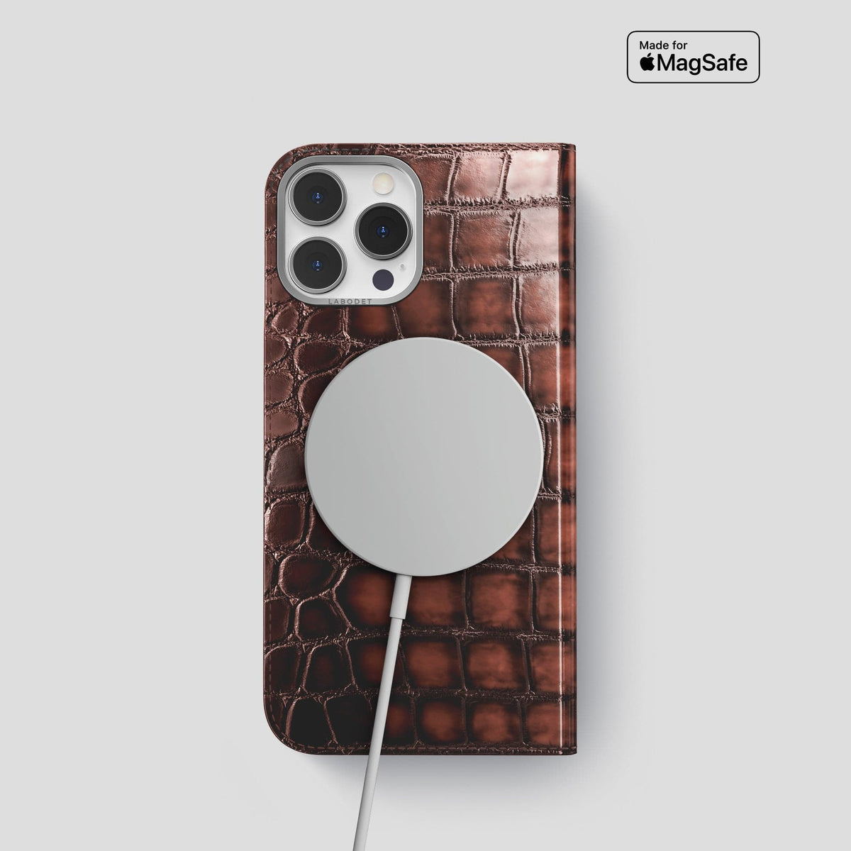 Havana-Brown iPhone 15 Pro Folio Magsafe Case Patina Alligator with Steel Metal -3 | Havana-Brown-Steel