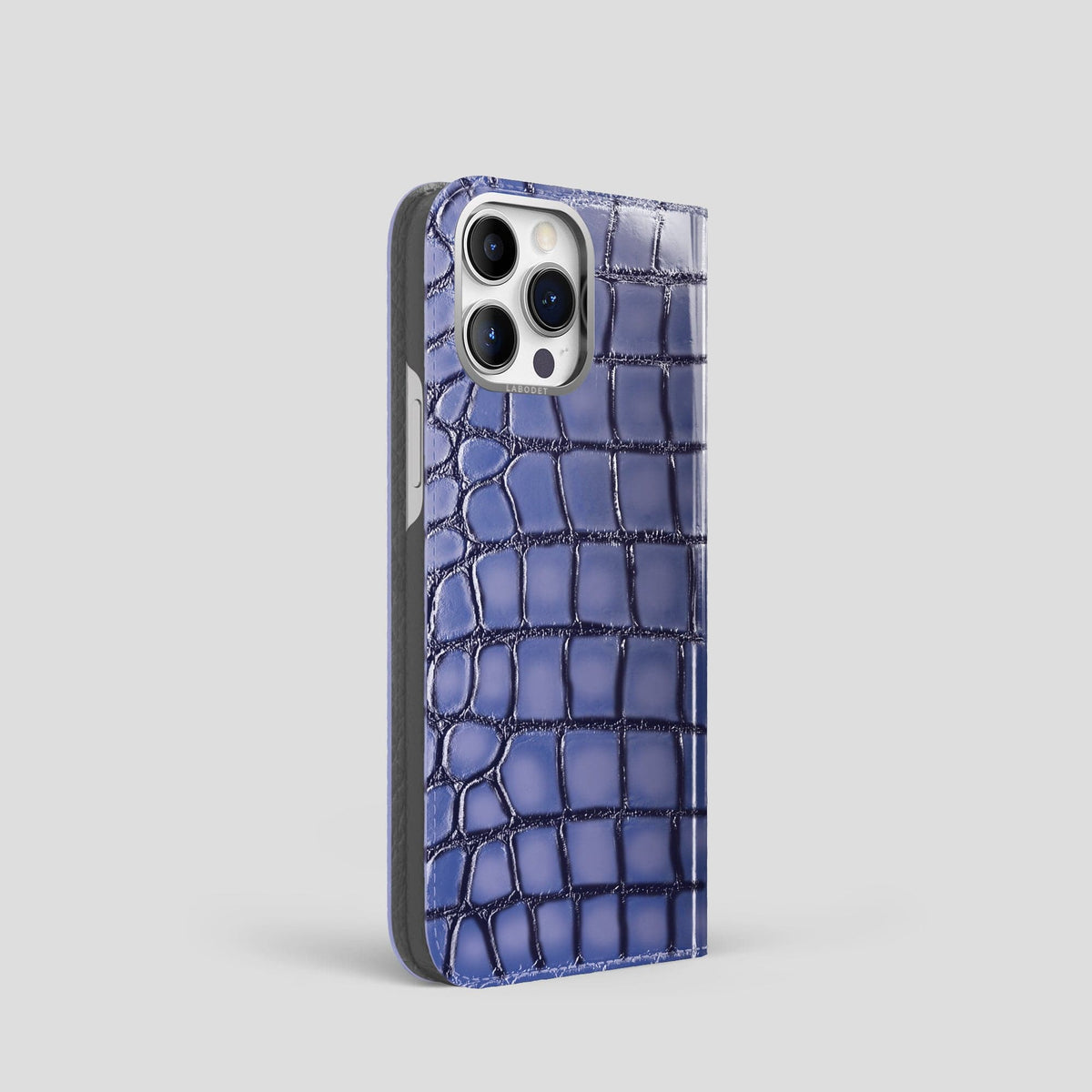 Lilac iPhone 15 Pro Folio Magsafe Case Patina Alligator with Steel Metal -1 | Lilac-Steel