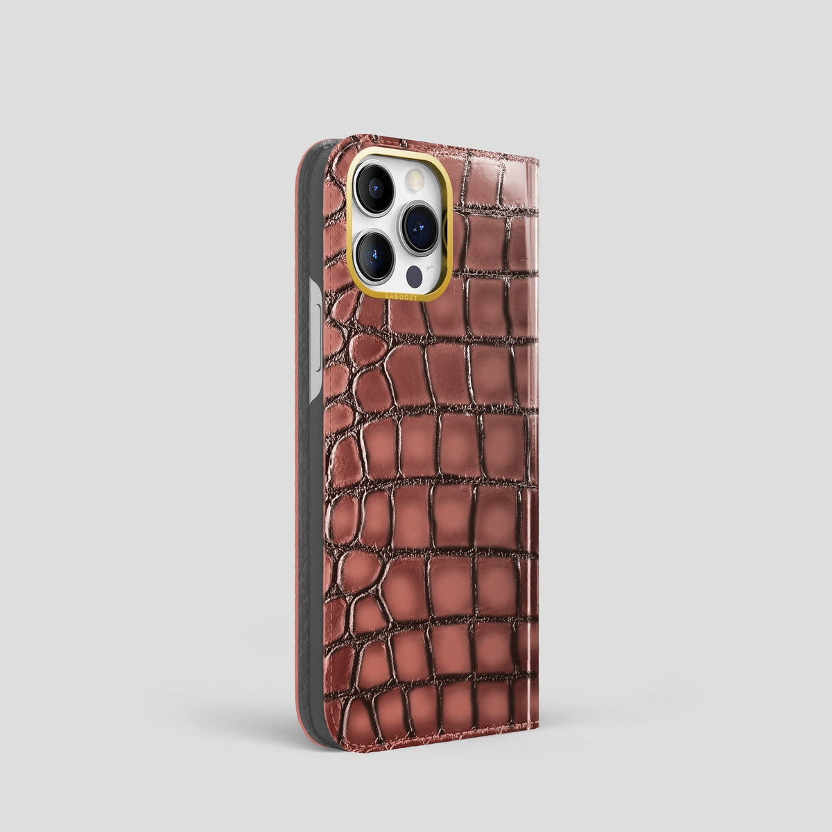 Wine-Sediment iPhone 15 Pro Folio Magsafe Case Patina Alligator with Gold Metal -1 | Wine-Sediment-Gold
