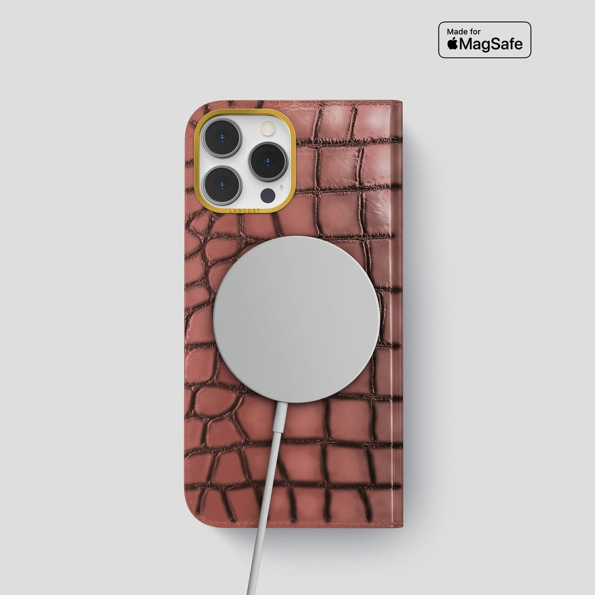Wine-Sediment iPhone 15 Pro Folio Magsafe Case Patina Alligator with Gold Metal -3 | Wine-Sediment-Gold