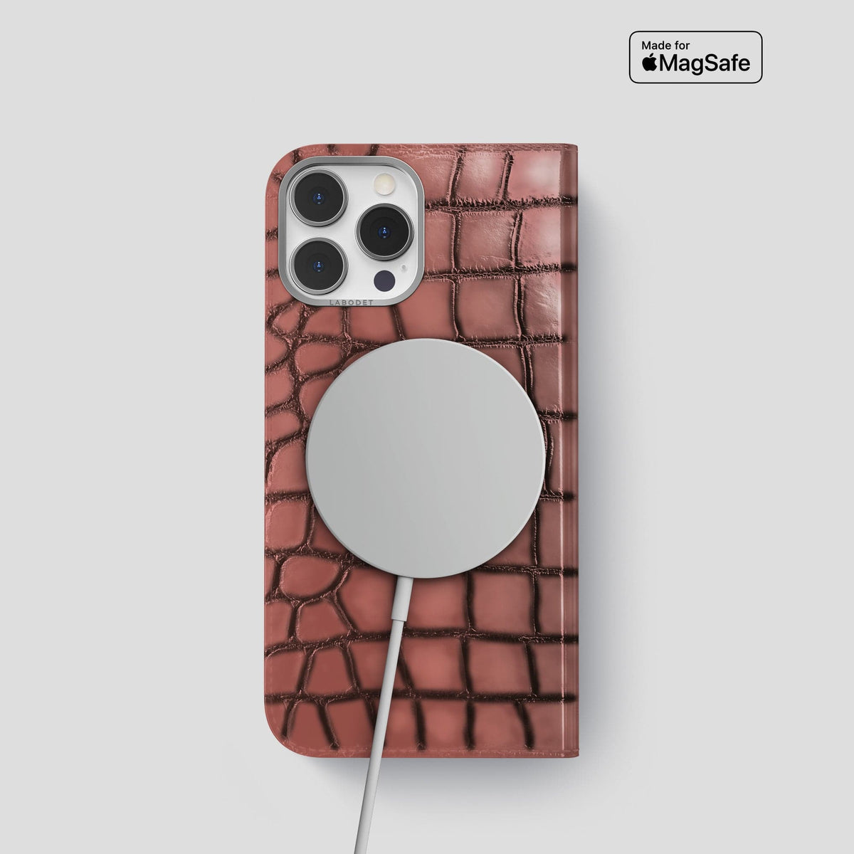 Wine-Sediment iPhone 15 Pro Folio Magsafe Case Patina Alligator with Steel Metal -3 | Wine-Sediment-Steel