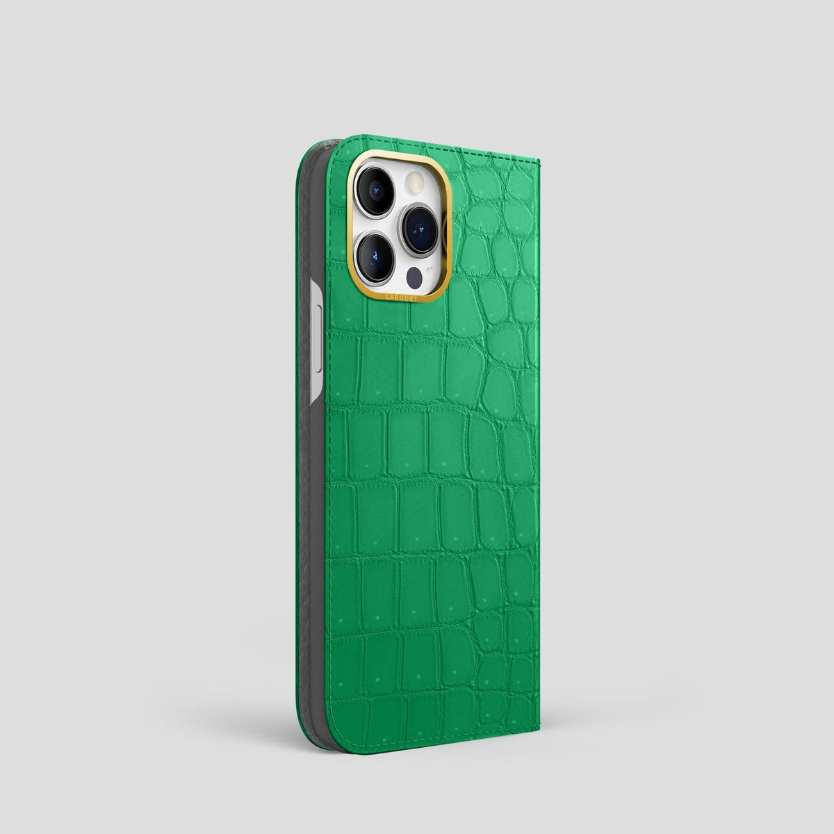 Cactus-Green iPhone 15 Pro Folio Magsafe Case Porosus Crocodile with Gold Metal -1 | Cactus-Green-Gold