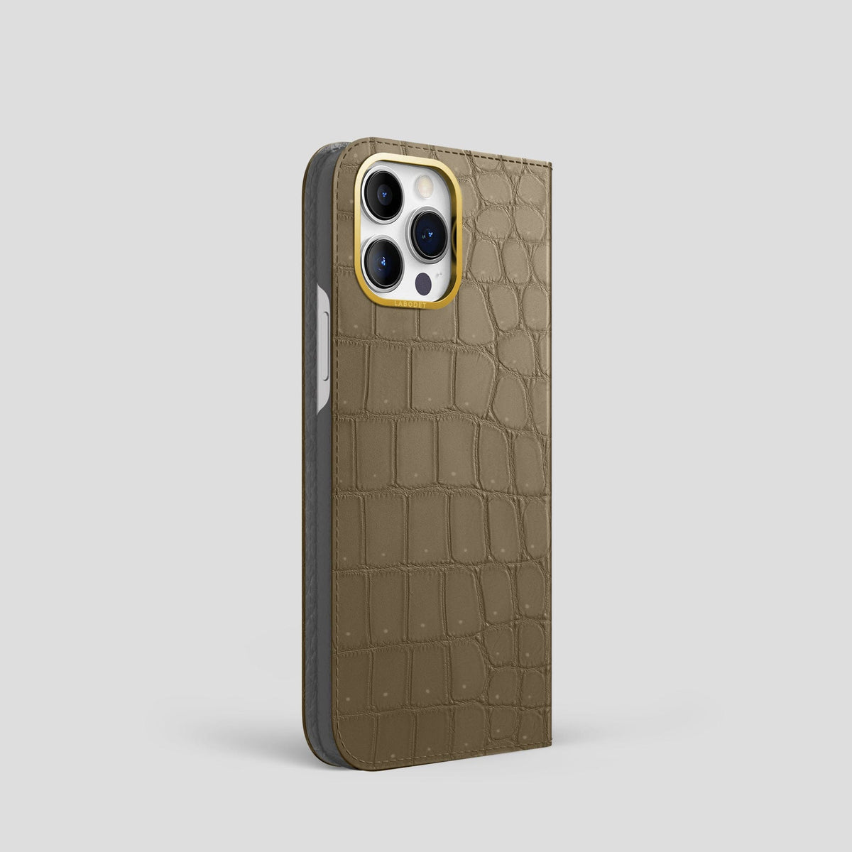 Kaki-Green iPhone 15 Pro Folio Magsafe Case Porosus Crocodile with Gold Metal -1 | Kaki-Green-Gold