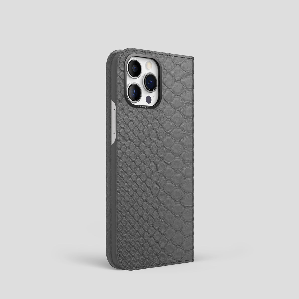 Grey iPhone 15 Pro Folio Case Python with Black Metal -1 | Grey-Black