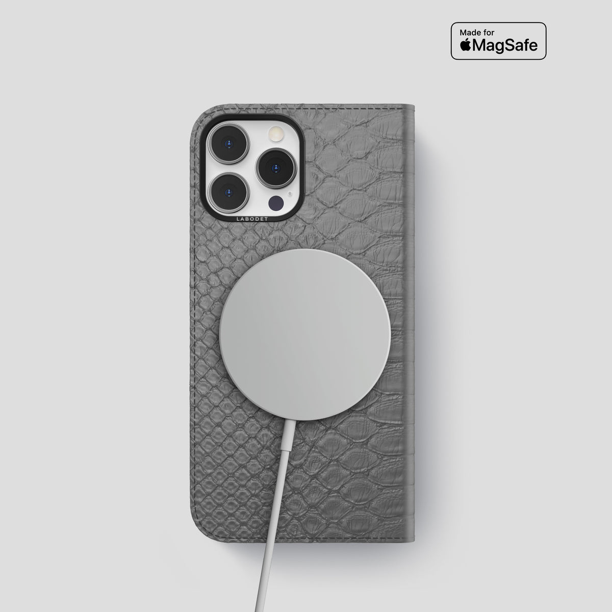 Grey iPhone 15 Pro Folio Case Python with Black Metal -3 | Grey-Black