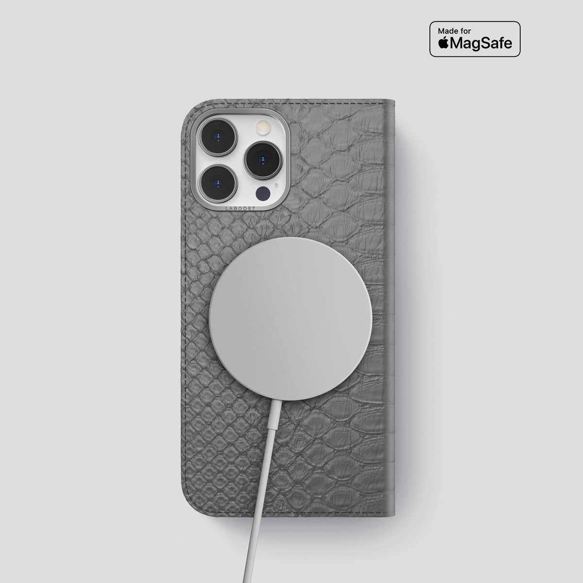 Grey iPhone 15 Pro Folio Case Python with Steel Metal -3 | Grey-Steel