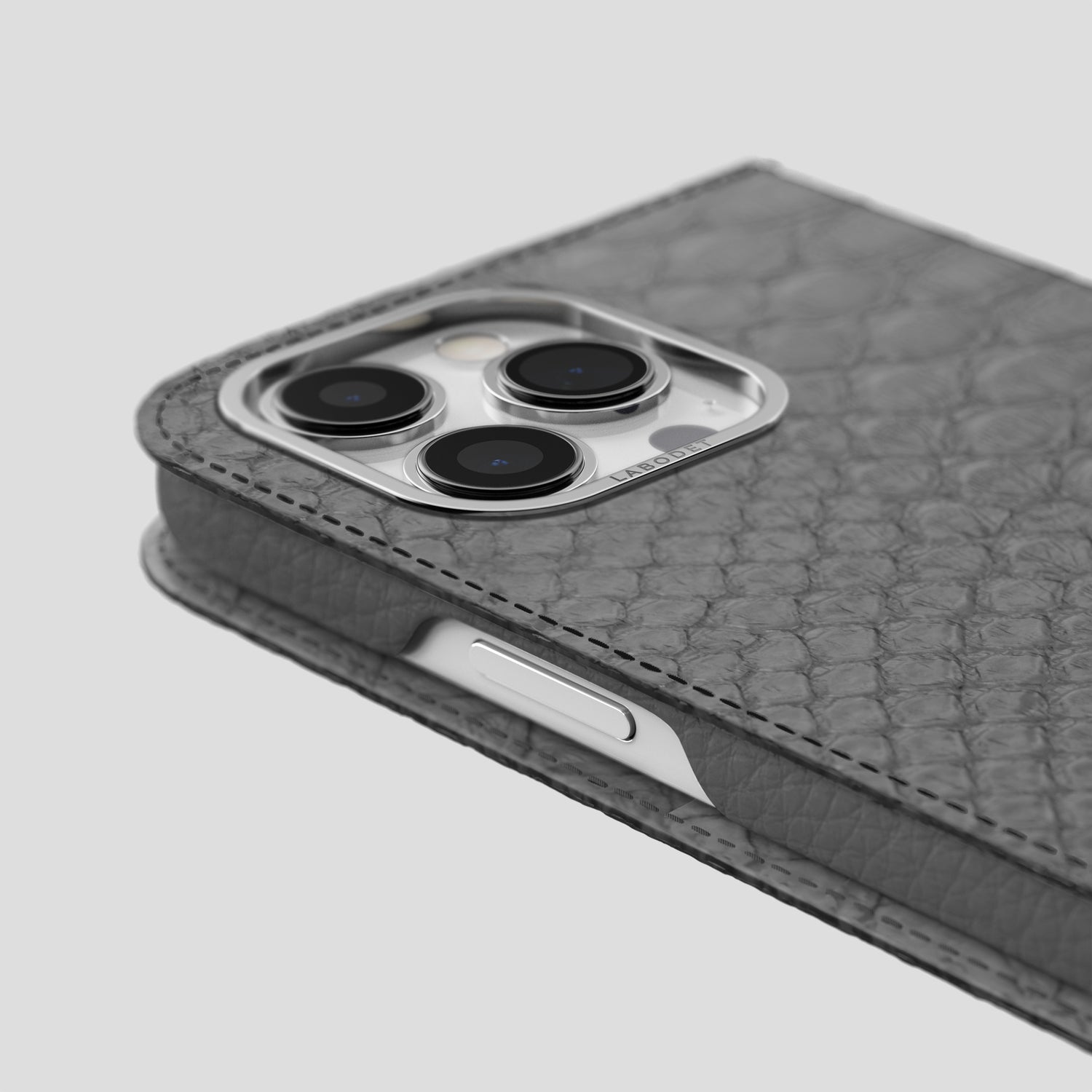 Grey iPhone 15 Pro Folio Case Python with Steel Metal -5 | Grey-Steel