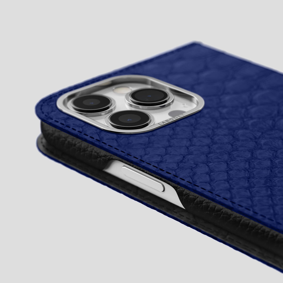 Royal Blue iPhone 15 Pro Folio Case Python with Steel Metal -5 | Royal-Blue-Steel