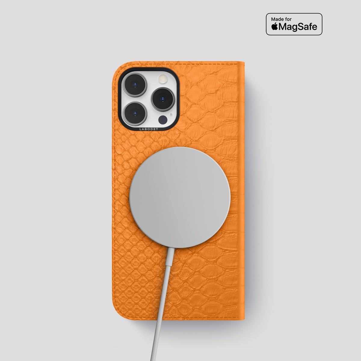 Orange iPhone 15 Pro Folio Case Python with Black Metal -3 | Orange-Black