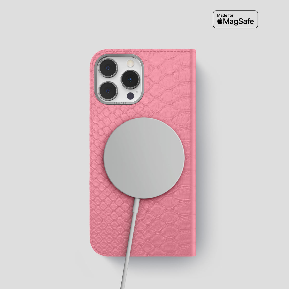 Pink iPhone 15 Pro Folio Case Python with Steel Metal -3 | Pink-Steel