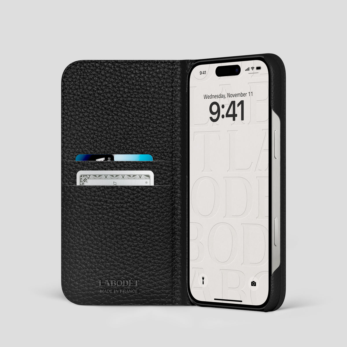 Camouflage iPhone 15 Pro Folio Case Calf with Black Metal -2 | Camouflage-Black