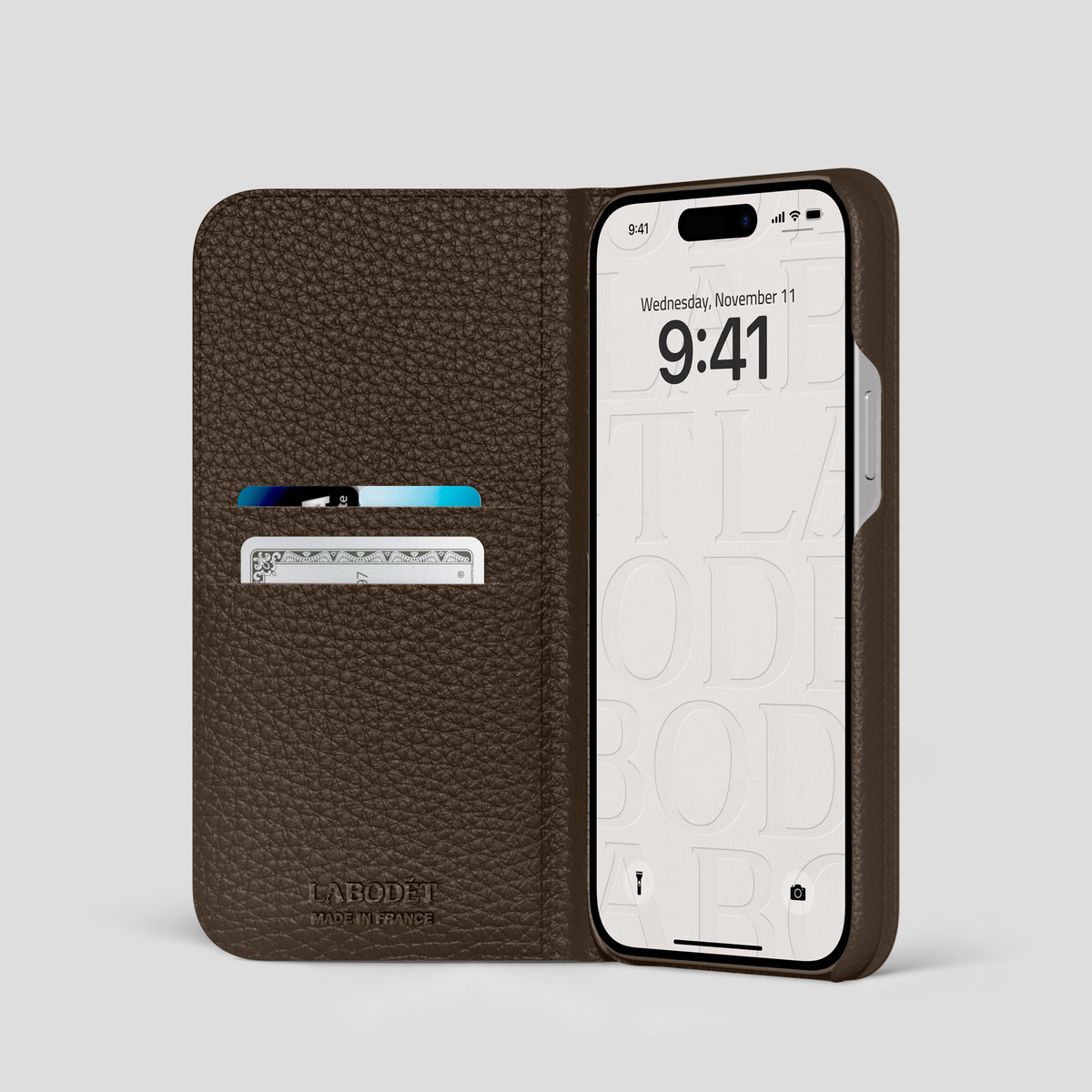 Dark-Brown iPhone 15 Pro Folio Magsafe Case Calf with Gold Metal -2 | Dark-Brown-Gold