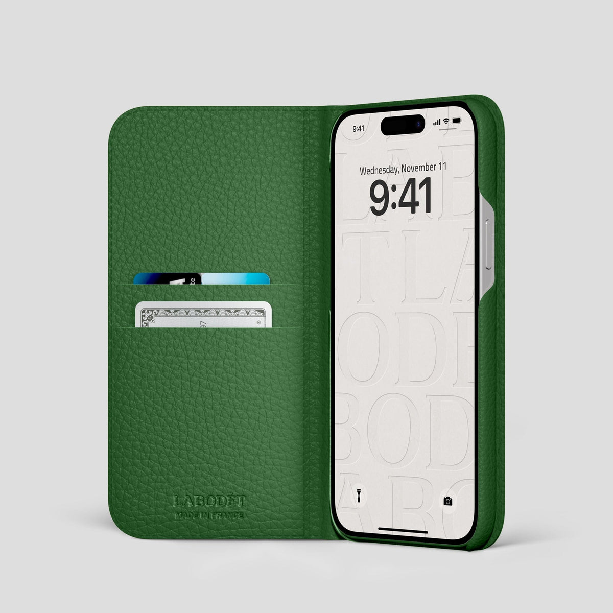 Dark Green iPhone 15 Pro Folio Magsafe Case Calf with Gold Metal -2 | Dark-Green-Gold