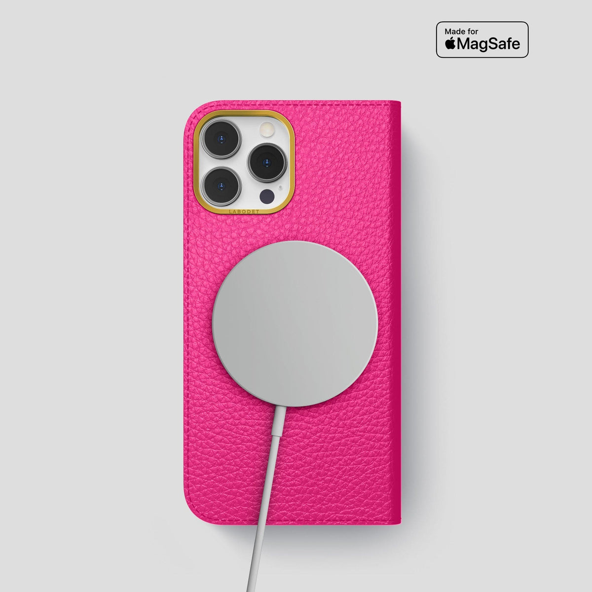 Magenta iPhone 15 Pro Folio Magsafe Case Calf with Gold Metal -3 | Magenta-Gold