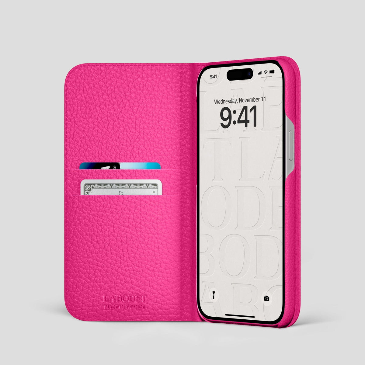 Magenta iPhone 15 Pro Folio Magsafe Case Calf with Steel Metal -2 | Magenta-Steel
