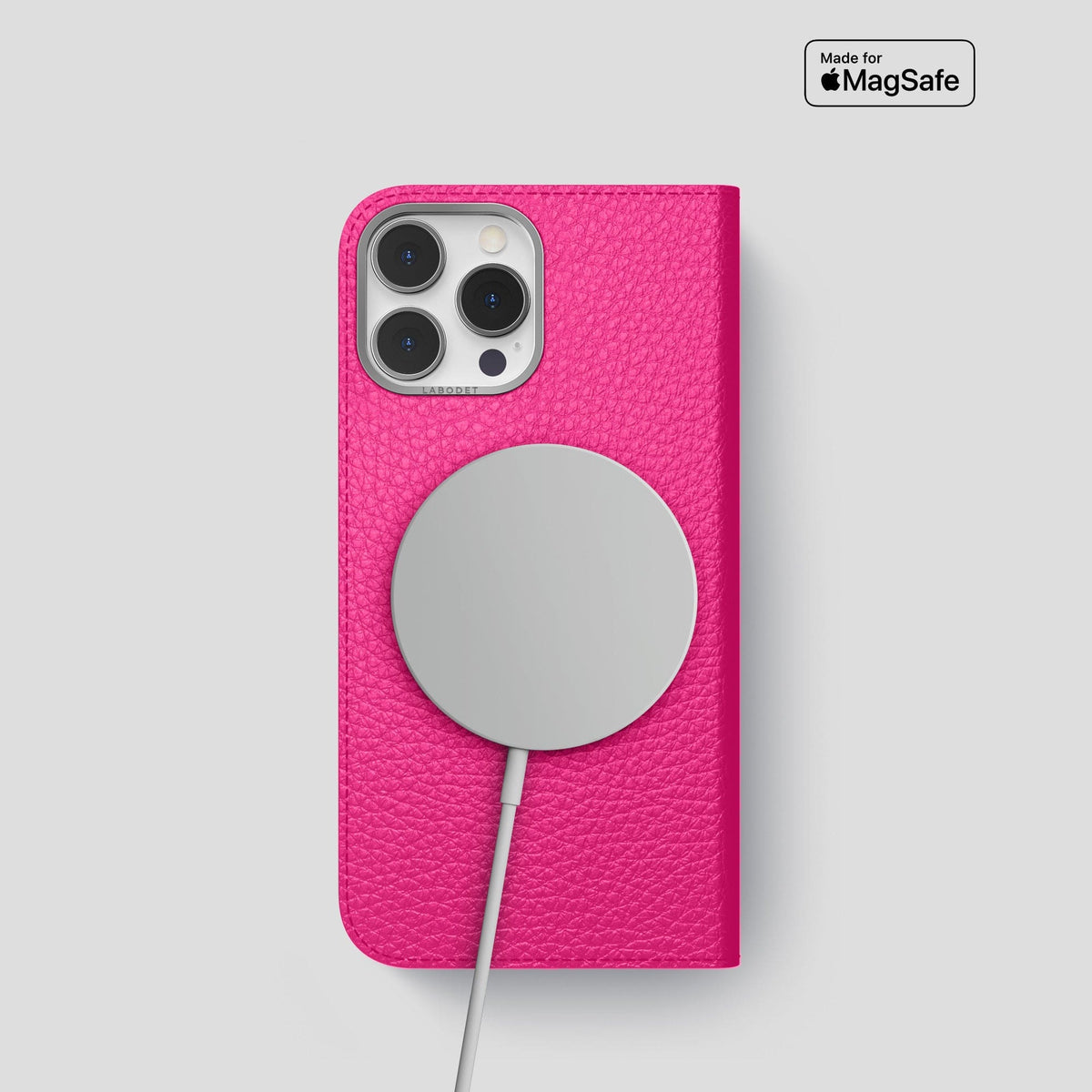 Magenta iPhone 15 Pro Folio Magsafe Case Calf with Steel Metal -3 | Magenta-Steel