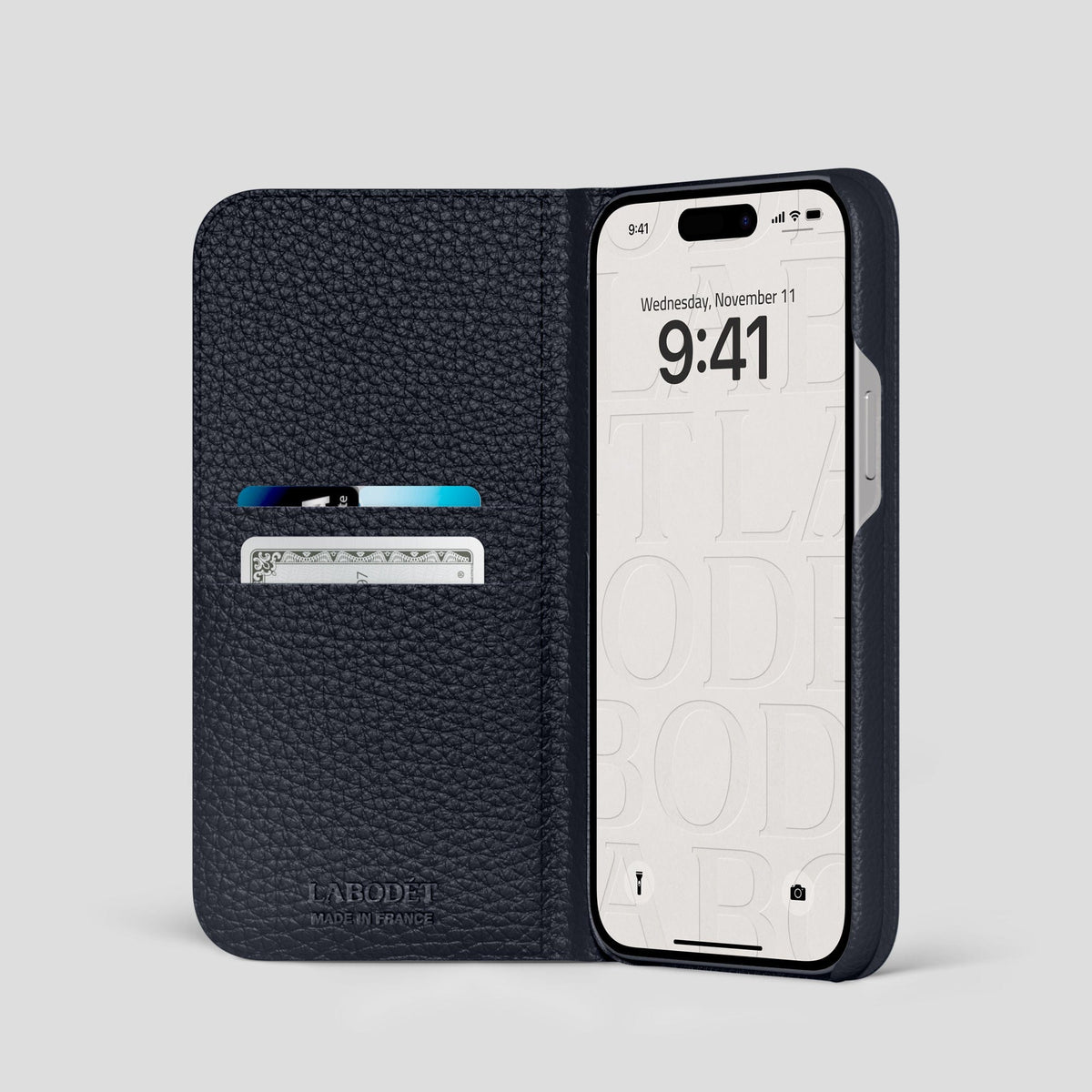 Marine iPhone 15 Pro Folio Magsafe Case Calf with Steel Metal -2 | Marine-Steel