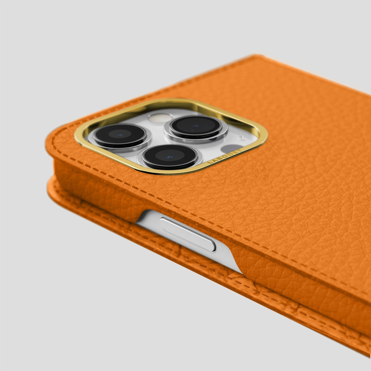 Orange iPhone 15 Pro Folio Magsafe Case Calf with Gold Metal -5 | Orange-Gold