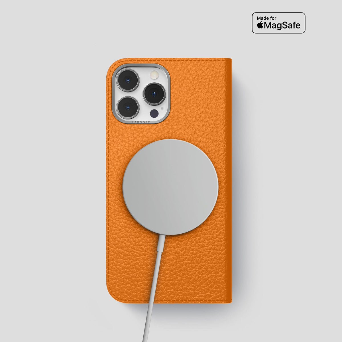 Orange iPhone 15 Pro Folio Magsafe Case Calf with Steel Metal -3 | Orange-Steel