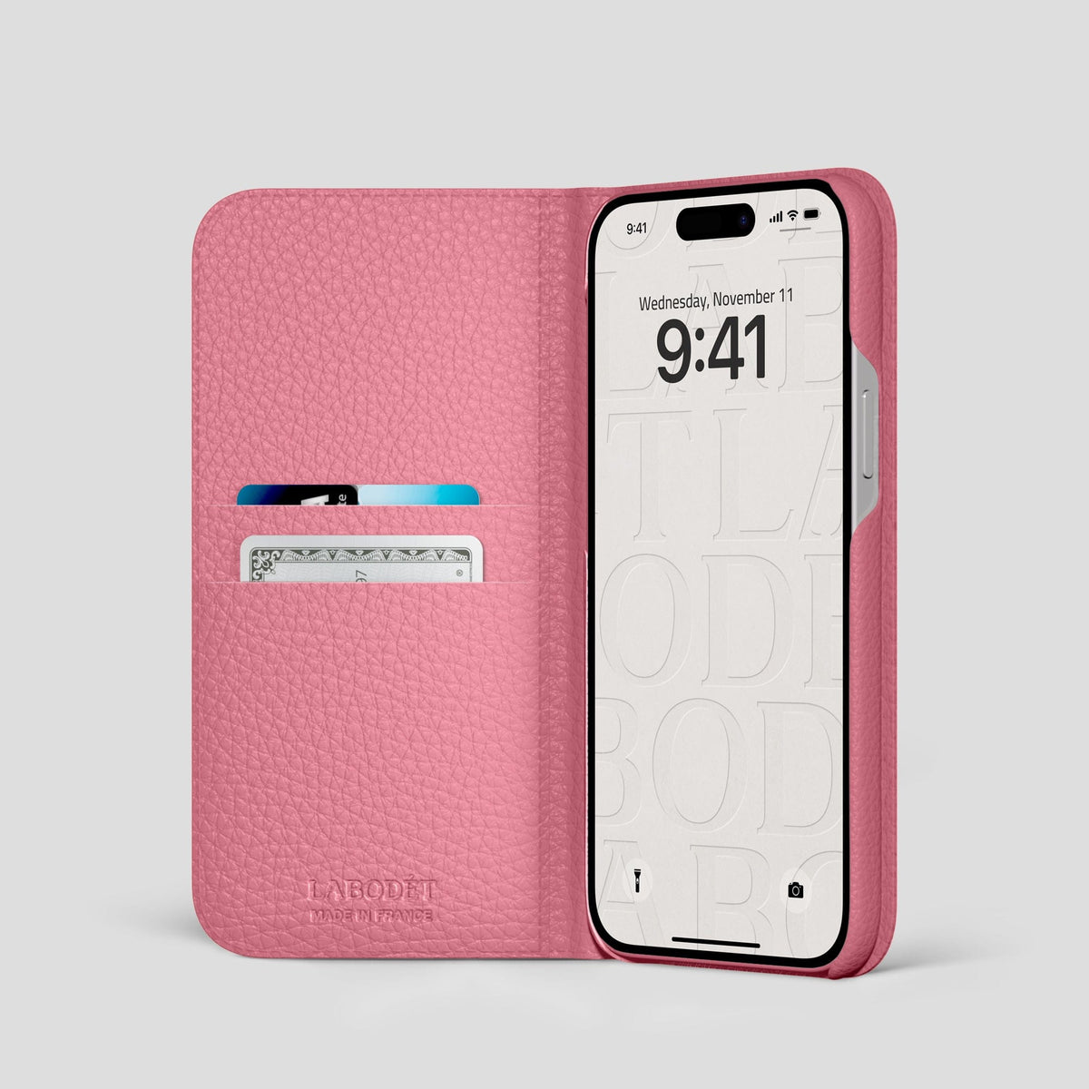 Pink iPhone 15 Pro Folio Magsafe Case Calf with Black Metal -2 | Pink-Black