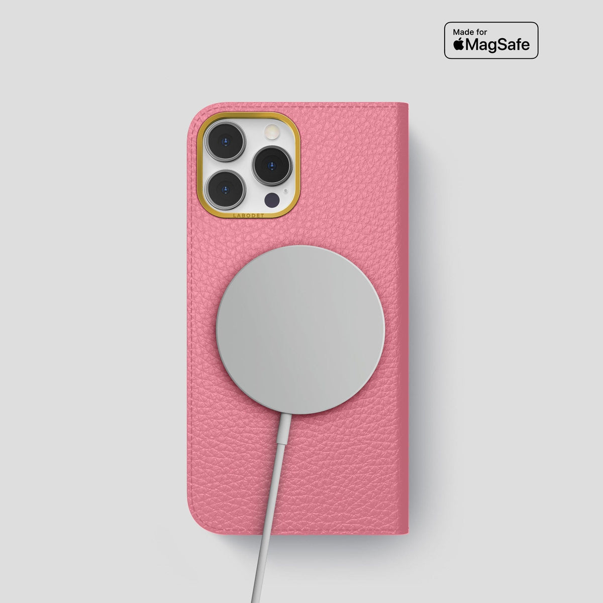 Pink iPhone 15 Pro Folio Magsafe Case Calf with Gold Metal -3 | Pink-Gold