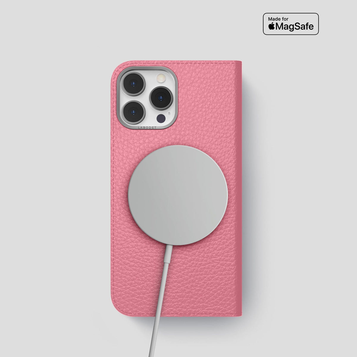 Pink iPhone 15 Pro Folio Magsafe Case Calf with Steel Metal -3 | Pink-Steel
