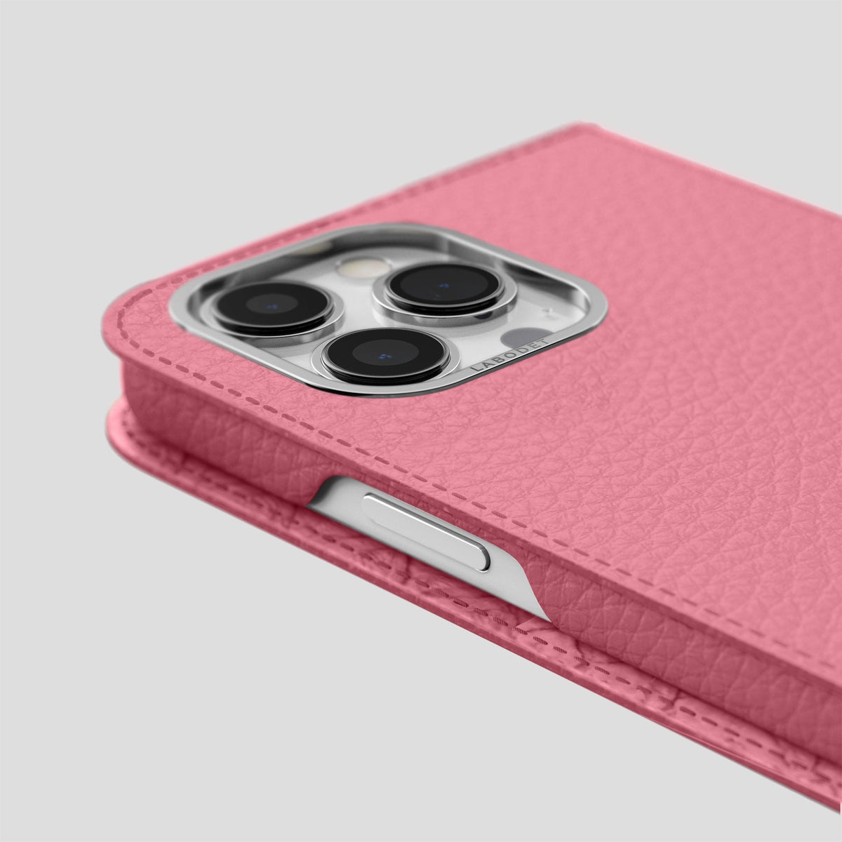 Pink iPhone 15 Pro Folio Magsafe Case Calf with Steel Metal -5 | Pink-Steel