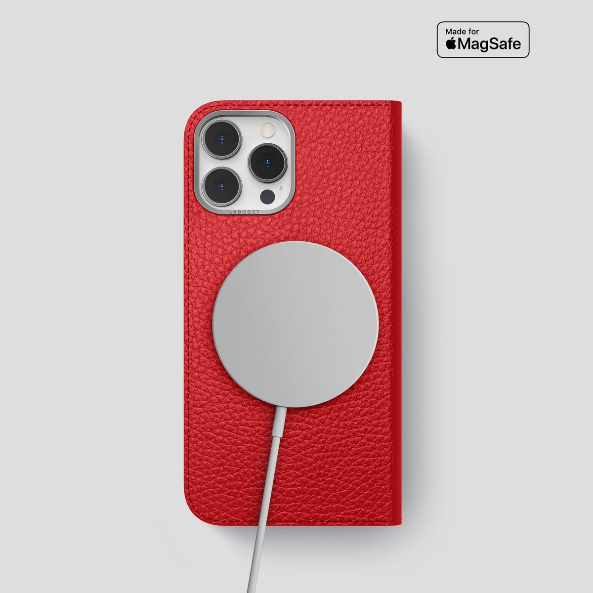 Red iPhone 15 Pro Folio Magsafe Case Calf with Steel Metal -3 | Red-Steel